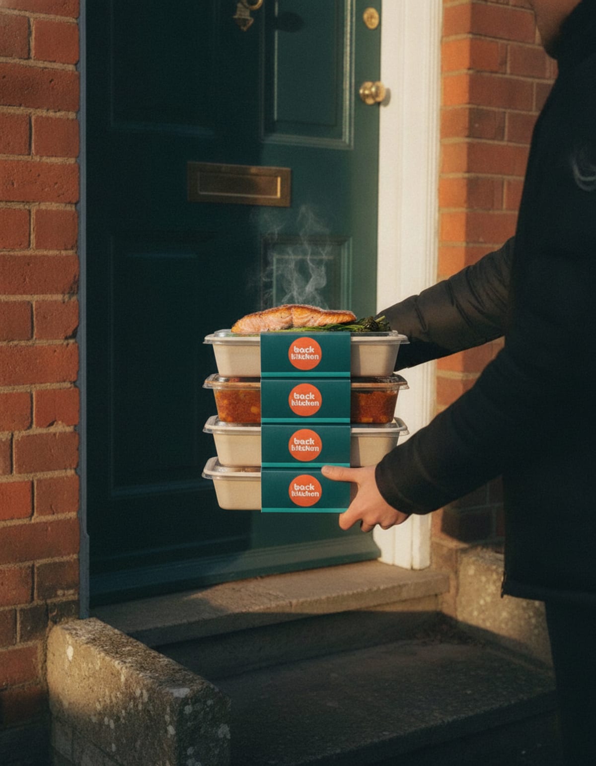A stack of sleeved Back Kitchen trays being handed over at a front door in the evening