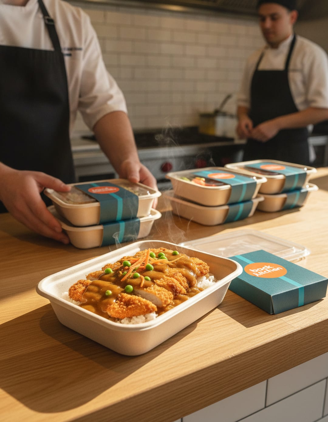 Sleeved Back Kitchen trays on the pass of a Plymouth restaurant kitchen, with an open tray of steaming chicken katsu curry up front
