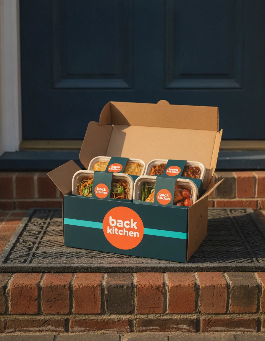 An open Back Kitchen delivery box on a front doorstep holding four sleeved dinner trays