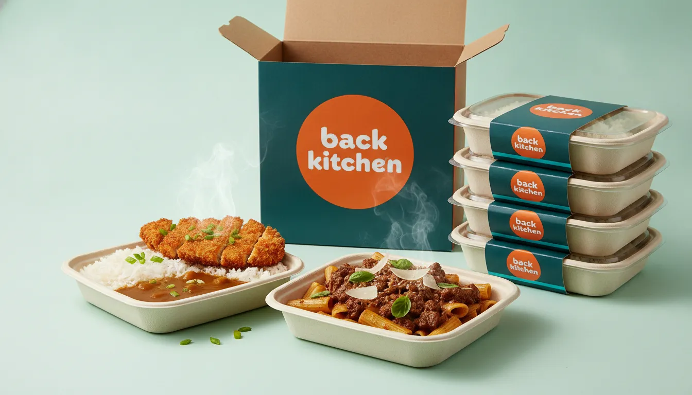 A Back Kitchen delivery box beside open trays of chicken katsu curry and beef ragu rigatoni, with a stack of sleeved trays