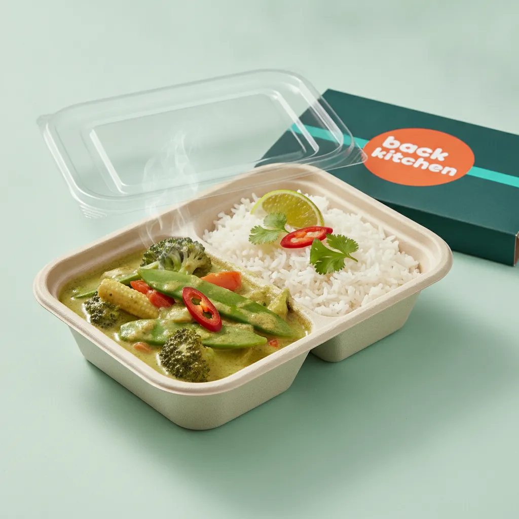 An open Back Kitchen tray of Thai green vegetable curry with jasmine rice, lime and red chilli, its teal sleeve beside it