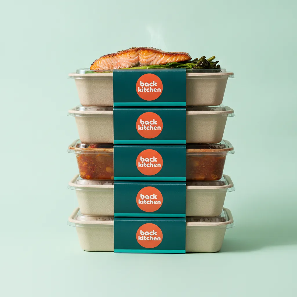 A stack of five Back Kitchen trays, each wrapped in a teal sleeve with the orange Back Kitchen badge, salmon and greens on top
