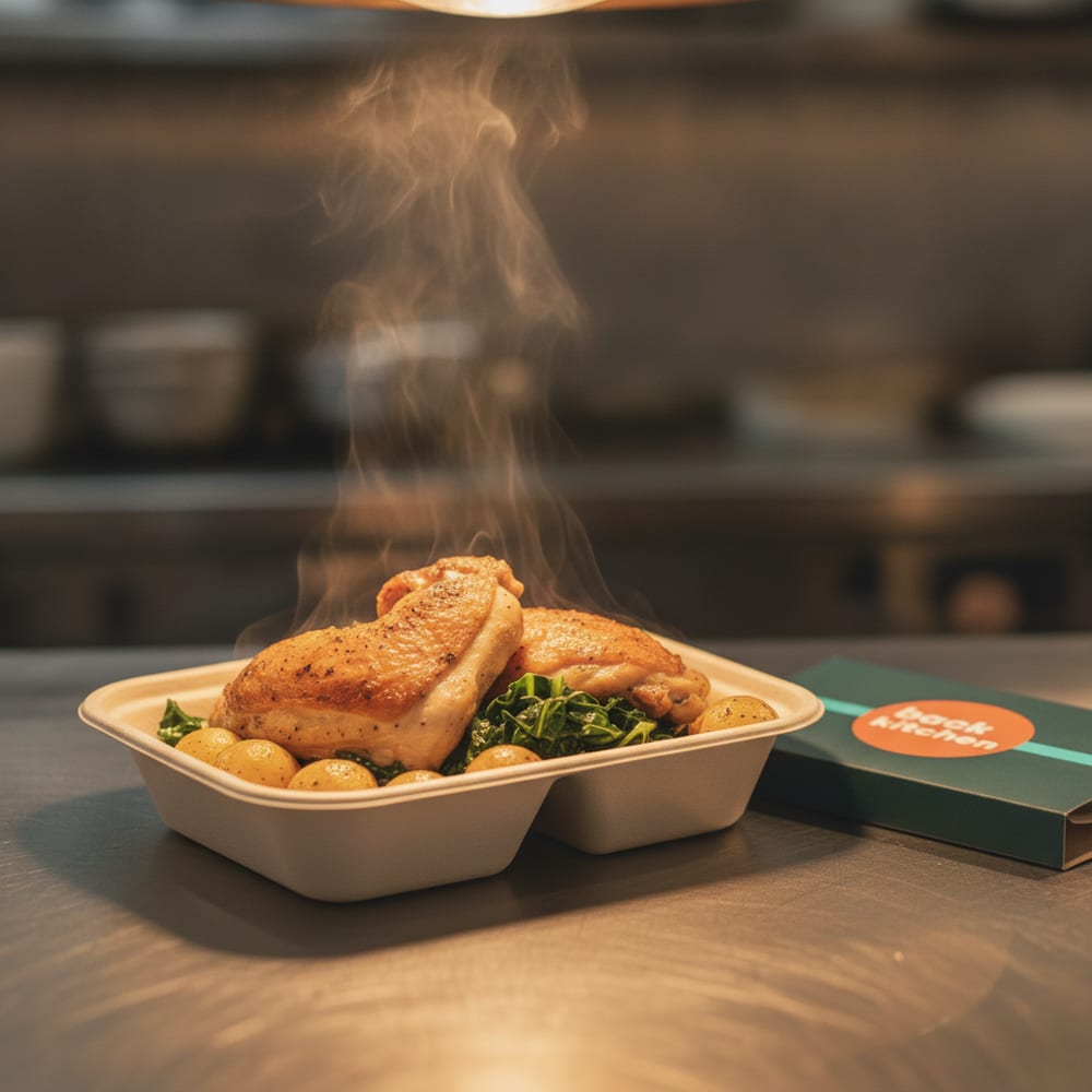 An open Back Kitchen tray of roast chicken on a restaurant pass with steam rising