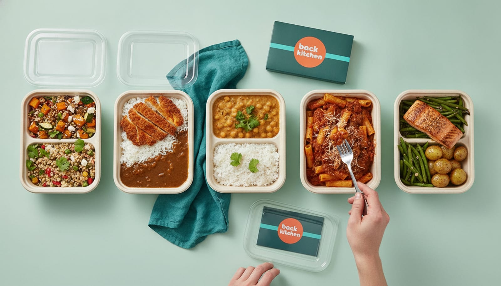 Five open Back Kitchen trays of dinner on a mint table, with their teal sleeves and lids beside them